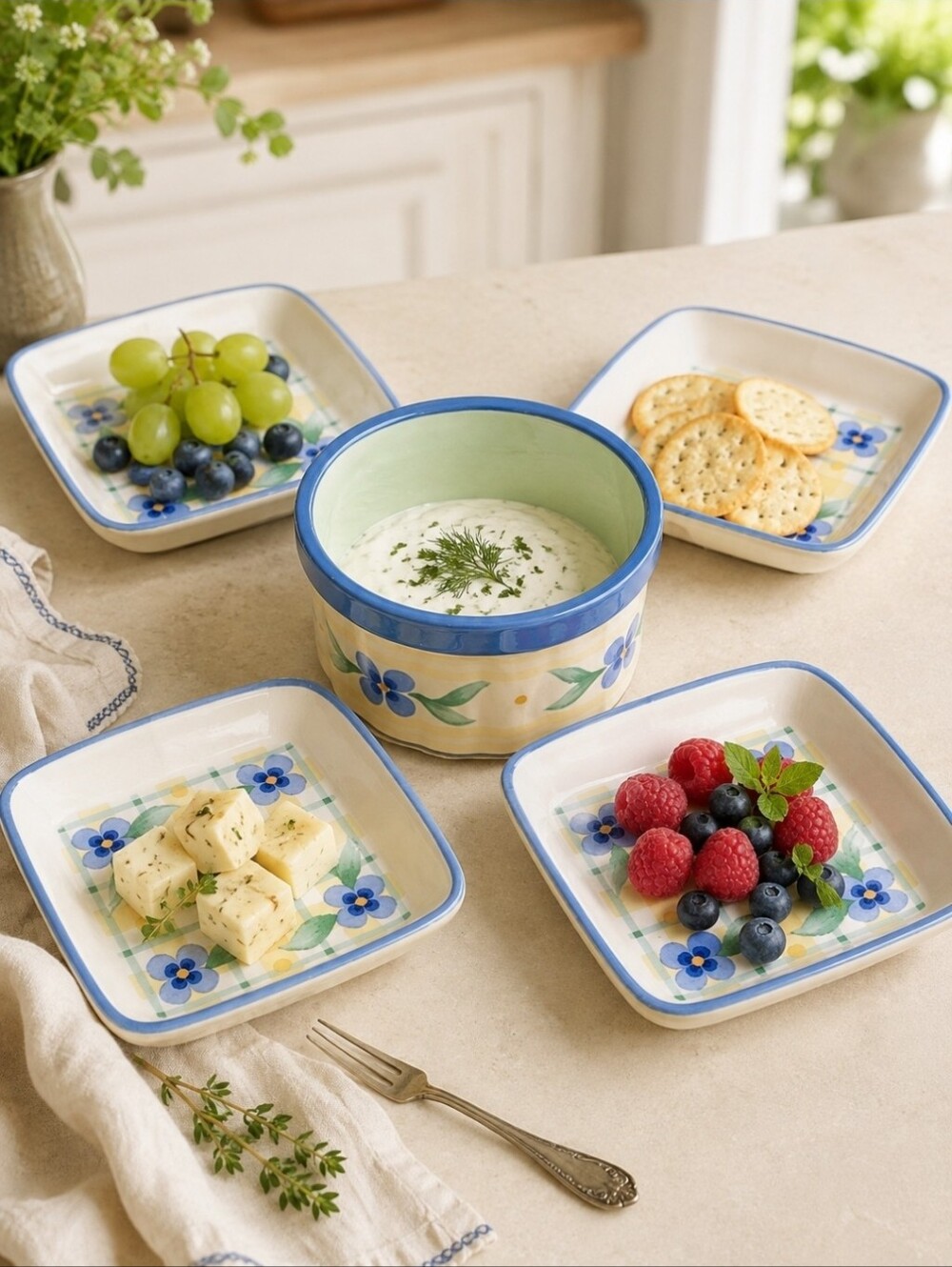 NWT Pfaltzgraff Summer Breeze 5 Pc Tapas Appetizer Plate Dip Bowl Set - Picture 1 of 6